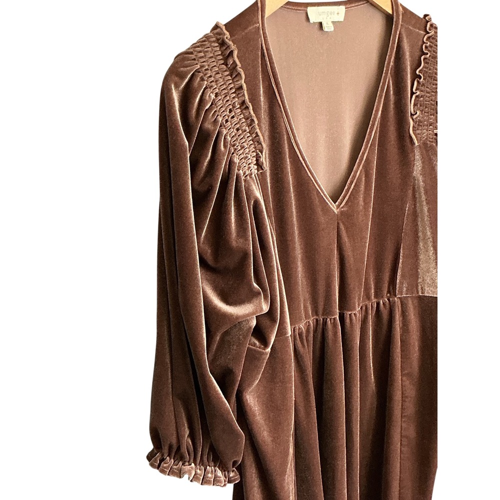 Umgee Brown Velvet Babydoll Mini Dress V-Neck Smocked Pockets XL WA0325 - Picture 8 of 14